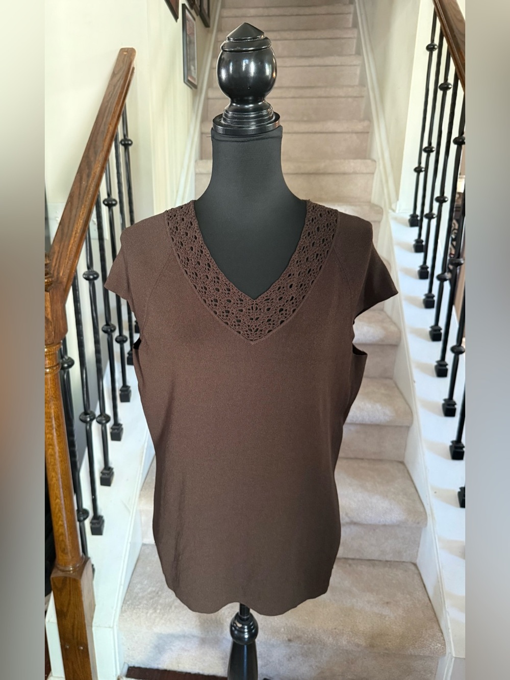 Jones New York Brown V-Neck Crochet Trim Top